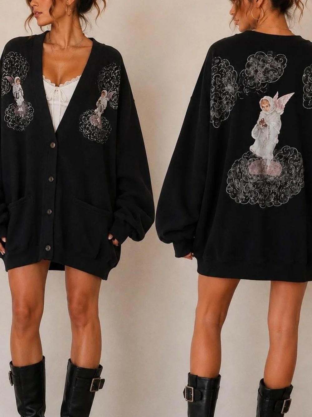 Vintage oversized hand painted Angel cardigan size XL